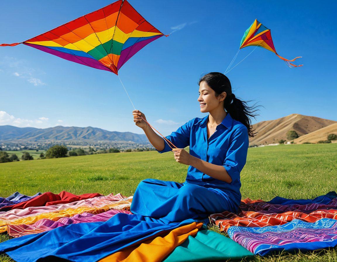 A picturesque scene of a skilled artisan crafting a colorful kite, surrounded by vibrant fabric, threads, and tools. In the background, a serene landscape with gentle hills and a clear blue sky filled with soaring kites fluttering in the breeze. The artisan's focus and passion radiate joy and adventure, evoking a romantic spirit of leisure. warm sunlight illuminating the moment. super-realistic. vibrant colors. outdoor setting.