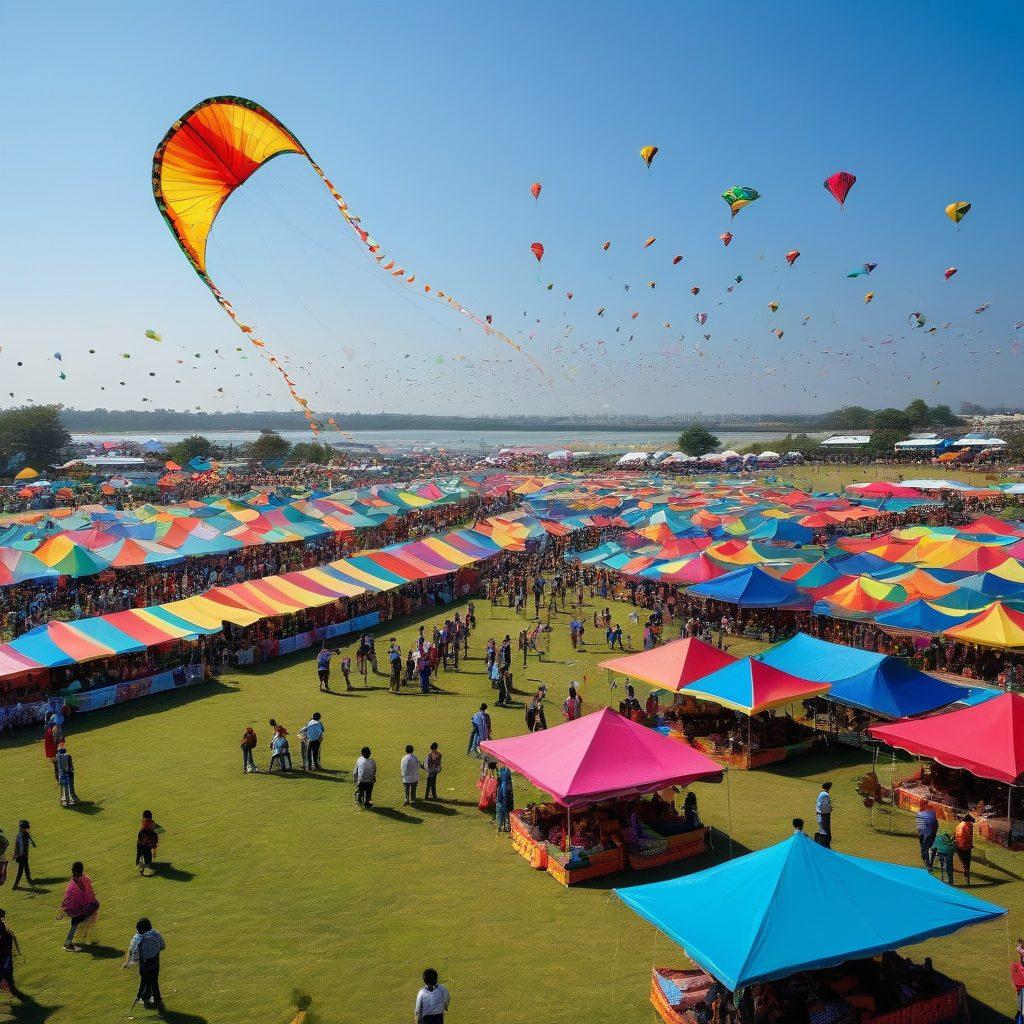 A vibrant, bustling kite festival scene, featuring colorful kites soaring high in the clear blue sky. Couples enjoy the festivities, sharing laughter and love as they fly kites together on a sunny day. In the background, stalls sell food and beverages, while happy children run around, adding to the joyful atmosphere. The ground is sprinkled with colorful picnic blankets and festive decorations. bright colors, super-realistic, lively atmosphere.